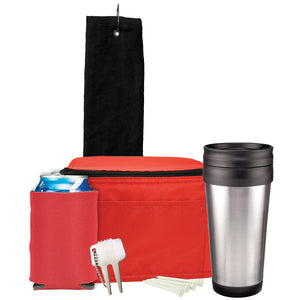 Deluxe Golf Gift Set - Black Towel, Red Bag, Red Can Cooler