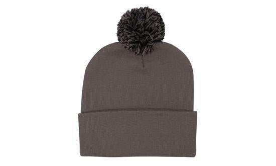 Knitted Acrylic Beanie with Pom Pom - Custom Embroidered - HP_4256 - Charcoal with Black