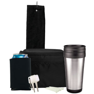 Deluxe Golf Gift Set - Black Towel, Black Bag, Black Can Cooler