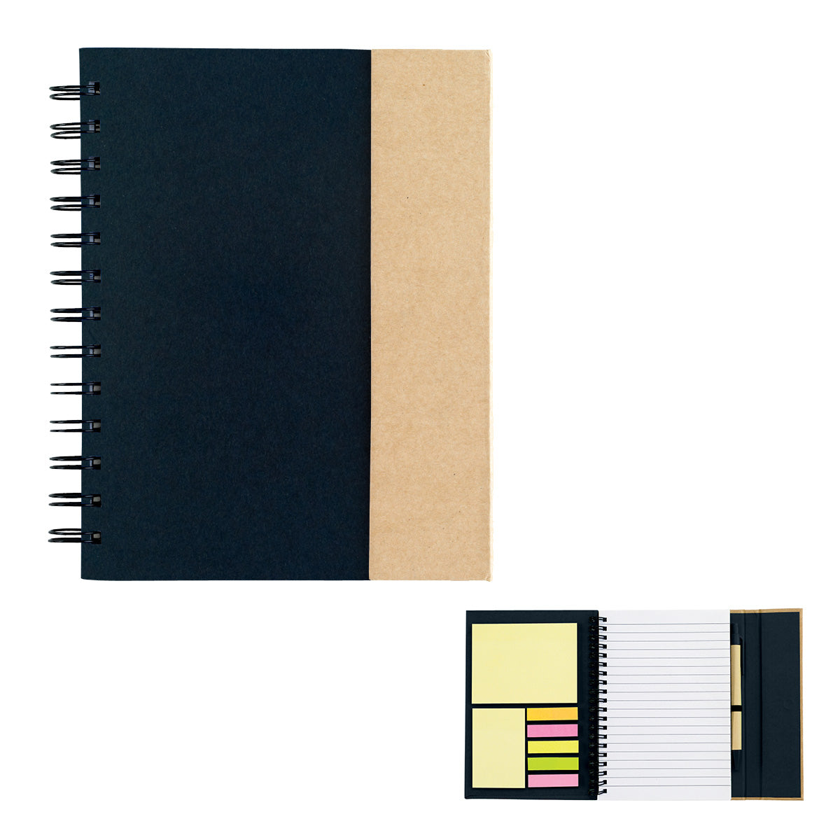 Spiral Notebook With Sticky Notes And Flags - Natural With Black