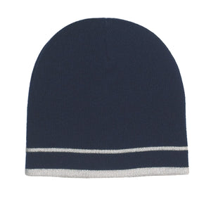 Knit Beanie With Double Stripe - Navy Blue With White