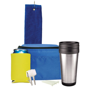 Deluxe Golf Gift Set - Royal Towel, Royal Bag, Yellow Can Cooler