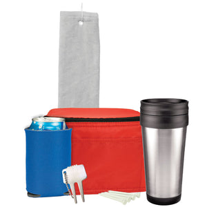 Deluxe Golf Gift Set - White Towel, Red Bag, Royal Can Cooler