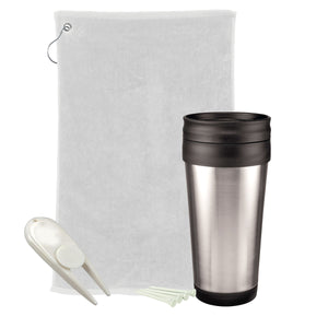 Golf Gift Set - Stainless Steel Tumbler - White Towel And White Divot Tool