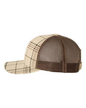 Richardson 112P Patterned Snapback Trucker Cap - Plaid Print Khaki And Black With Brown