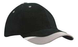 6 Panel BHC Cap with Peak Indent & Print - Custom Embroidered - HP_4125 - Black with Gray and White