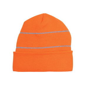 Knit Cuff Beanie With Reflective Stripes - Neon Orange