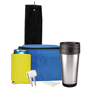 Deluxe Golf Gift Set - Black Towel, Royal Bag, Yellow Can Cooler