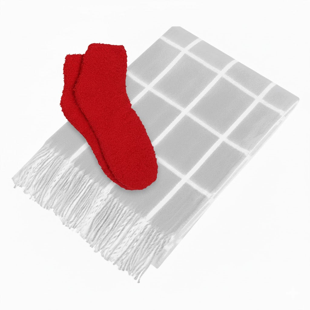 Charleston Throw & Fuzzy Socks Set - Gray With White/Red