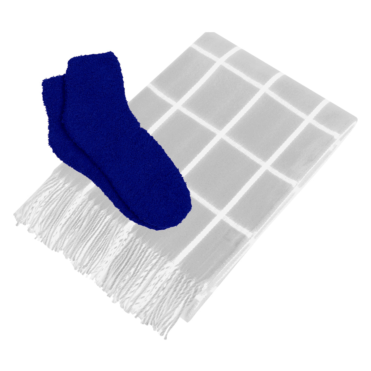 Charleston Throw & Fuzzy Socks Set - Gray With White/Royal Blue