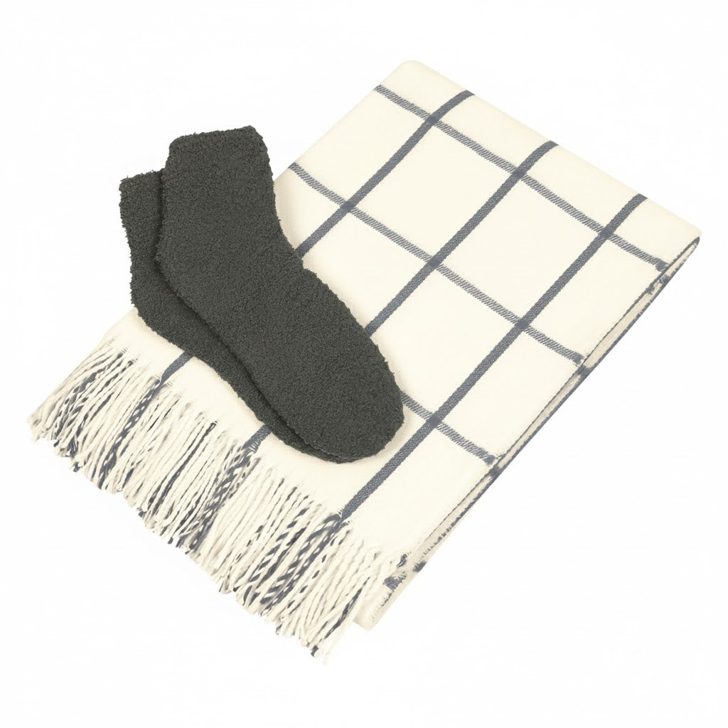 Charleston Throw & Fuzzy Socks Set - White With Gray/Gray
