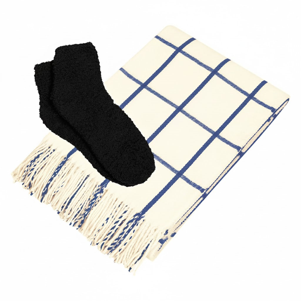Charleston Throw & Fuzzy Socks Set - White With Navy Blue/Black