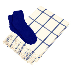 Charleston Throw & Fuzzy Socks Set - White With Navy Blue/Royal Blue