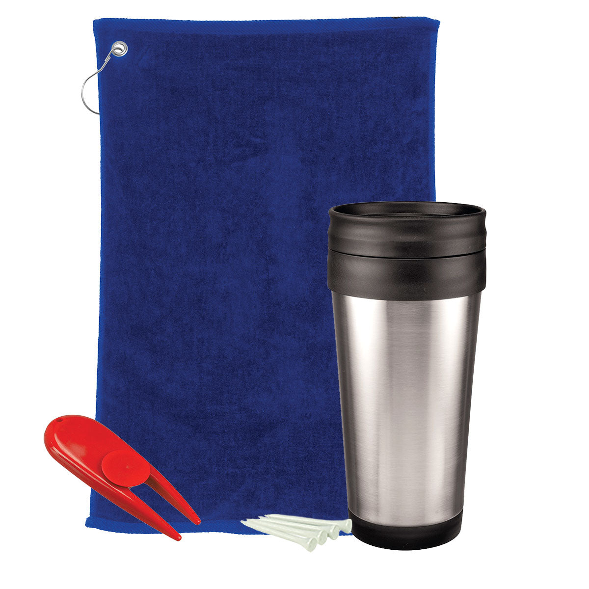 Golf Gift Set - Stainless Steel Tumbler - Royal Towel And Red Divot Tool
