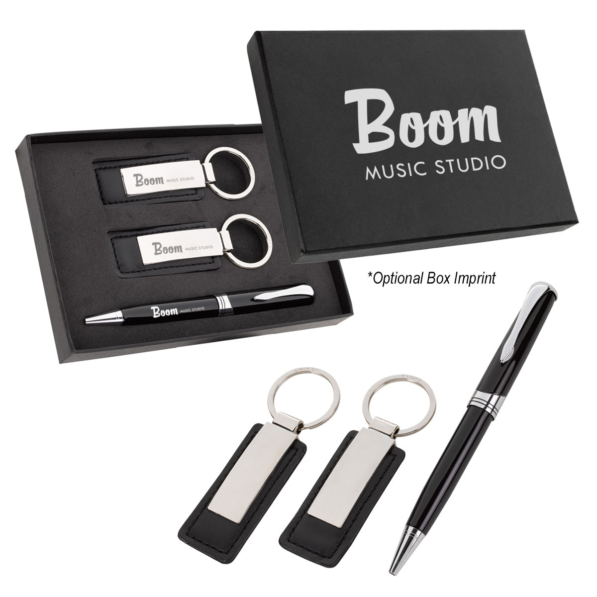 Executive Pen And Leatherette Key Tag Box Set - Red/Black With Silver