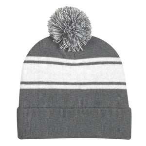 Two-Tone Knit Pom Beanie With Cuff - Gray