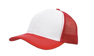 6 Panel Mesh Back Cap Breathable P-Twill - Custom Embroidered - HP_3819 - White with Red