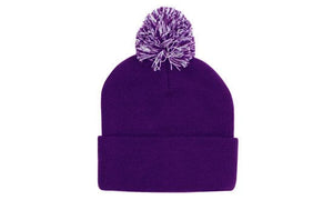 Knitted Acrylic Beanie with Pom Pom - Purple With White