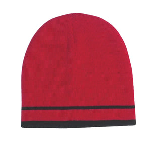 Knit Beanie With Double Stripe - Red With Black