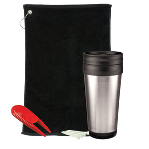 Golf Gift Set - Stainless Steel Tumbler - Black Towel And Red Divot Tool