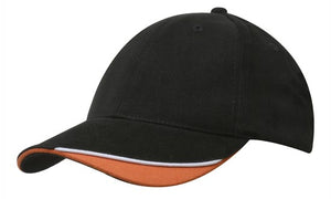 6 Panel HBC Cap with Peak Indent & Sandwich - Custom Embroidered - HP_4167 - Black with White and Orange