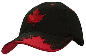 6 Panel Brushed Cotton Cap with Maple Leaf On Peak - Custom Embroidered - HP_4085 - Black with Red