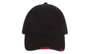 6 Panel Chino Cap with Distressed Peak - Custom Embroidered - HP_4068 - Black with Red