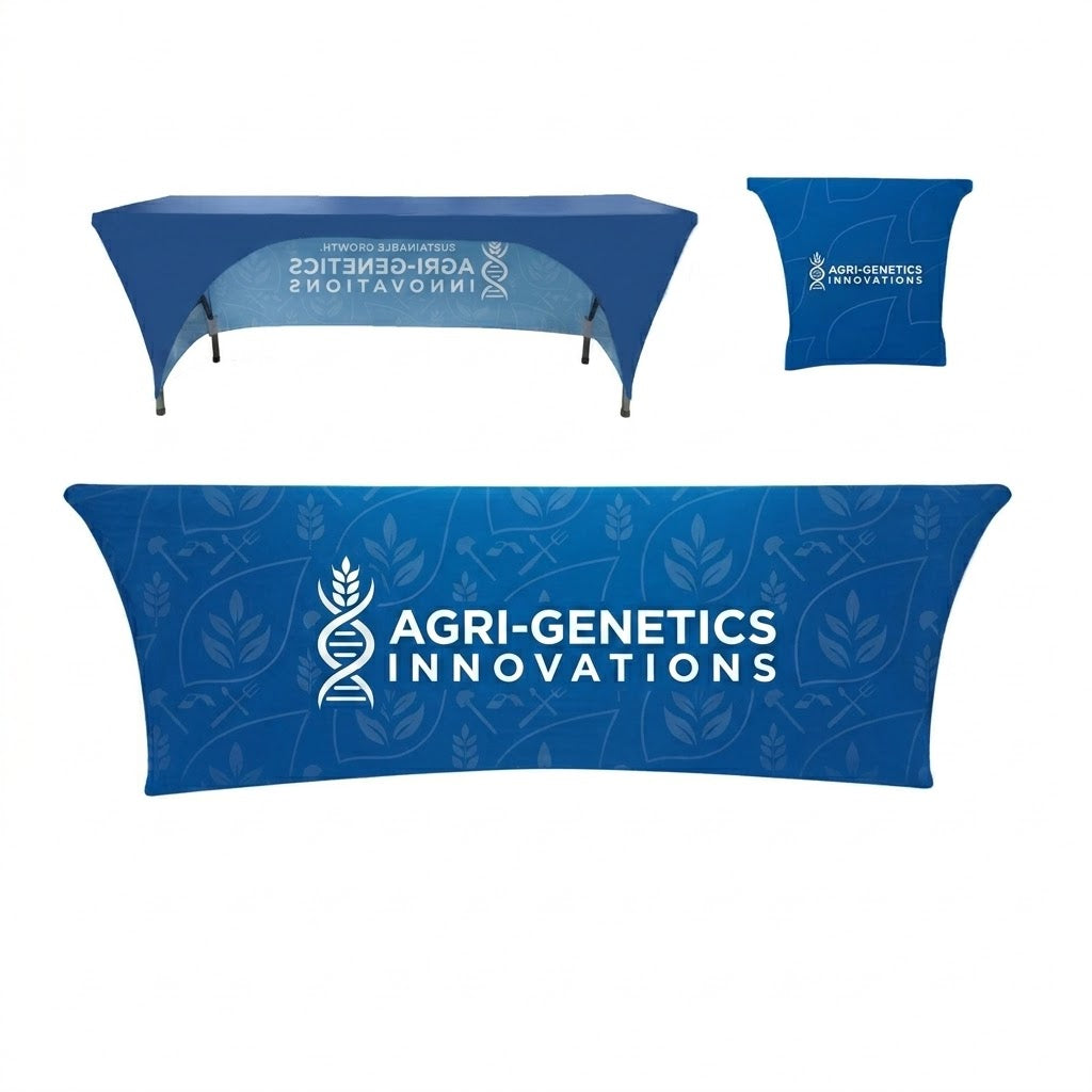 Sublimated Stretch Curved Fit Table Throw for 8ft table, 3 sided, Open Back