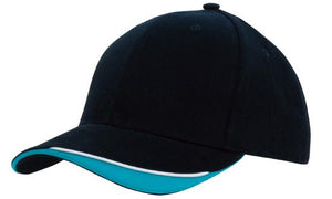 6 Panel HBC Cap with Peak Indent & Sandwich - Custom Embroidered - Bl/wh/cy