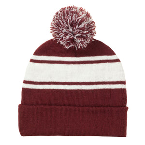 Two-Tone Knit Pom Beanie With Cuff - Burgundy