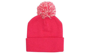 Knitted Acrylic Beanie with Pom Pom - Pink With White