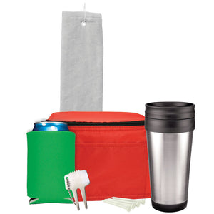 Deluxe Golf Gift Set - White Towel, Red Bag, Green Can Cooler