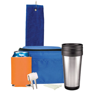 Deluxe Golf Gift Set - Royal Towel, Royal Bag, Orange Can Cooler