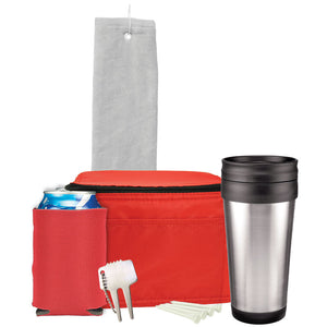 Deluxe Golf Gift Set - White Towel, Red Bag, Red Can Cooler