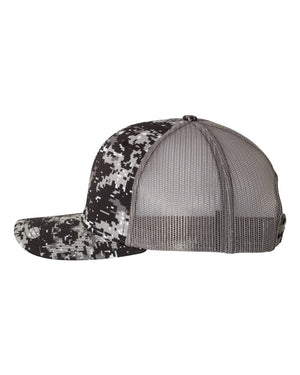 Richardson 112P Patterned Snapback Trucker Cap - Black Digital Camo With Charcoal