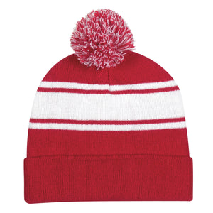 Two-Tone Knit Pom Beanie With Cuff - Red