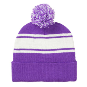 Two-Tone Knit Pom Beanie With Cuff - Purple