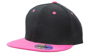 6 Panel American-T Flat Peak 2 Tone Cap - Custom Embroidered - Black With Pink