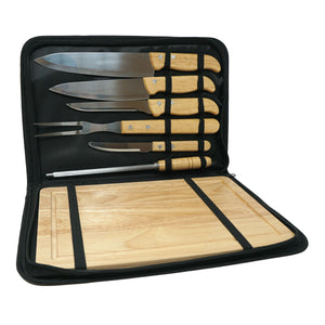 7 Piece Stainless Steel and Bamboo BBQ Set with Portable Carry Case - Bamboo